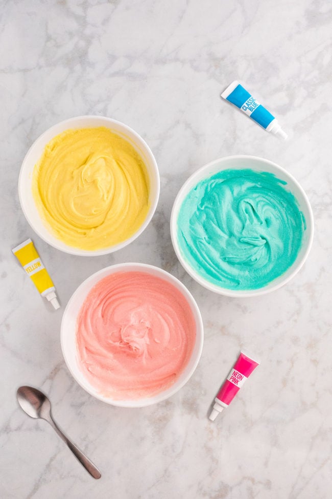 3 bowls of Spring color cake batter for Easter cupcakes