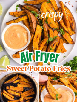 Air Fryer Crispy sweet potato wedges on a whiteplatter with zesty mayo.