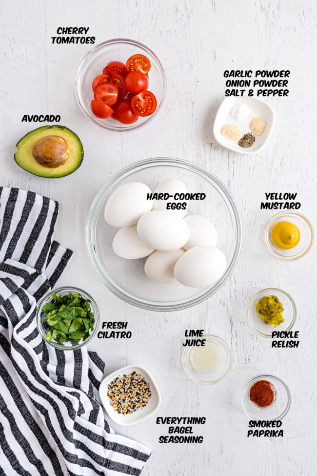 ingredients for avocado deviled eggs on a counter