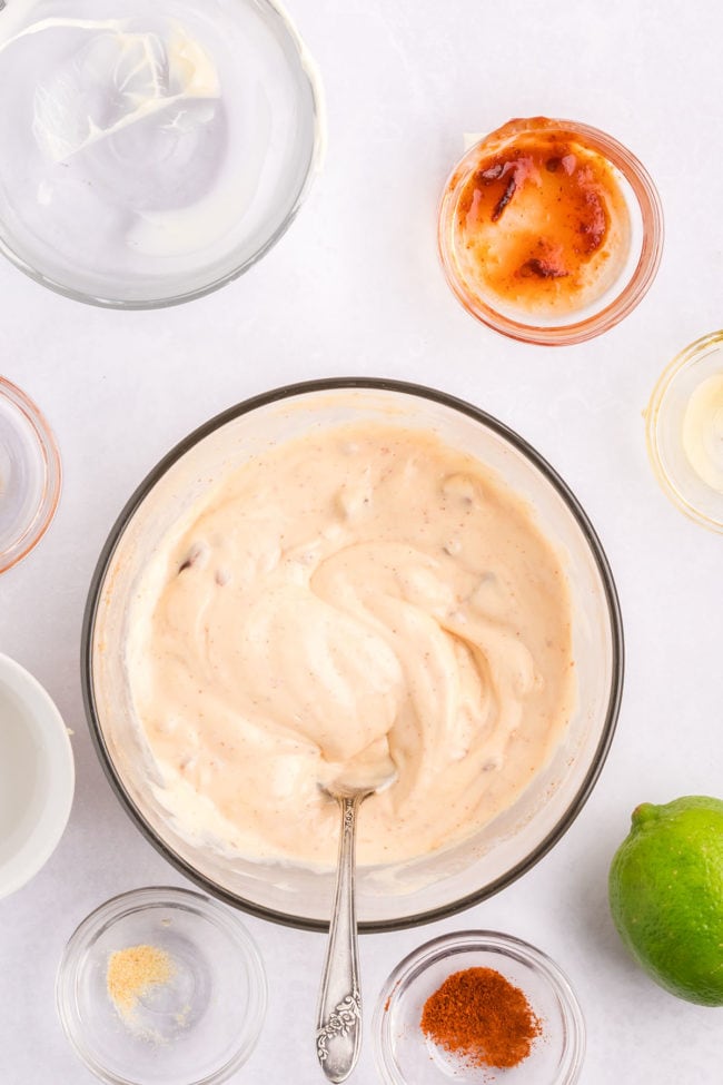 chipotle mayo sauce in a glass mixing bowl