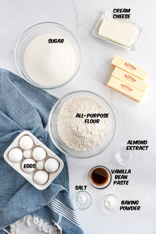 cream cheese pound cake ingredients on a counter