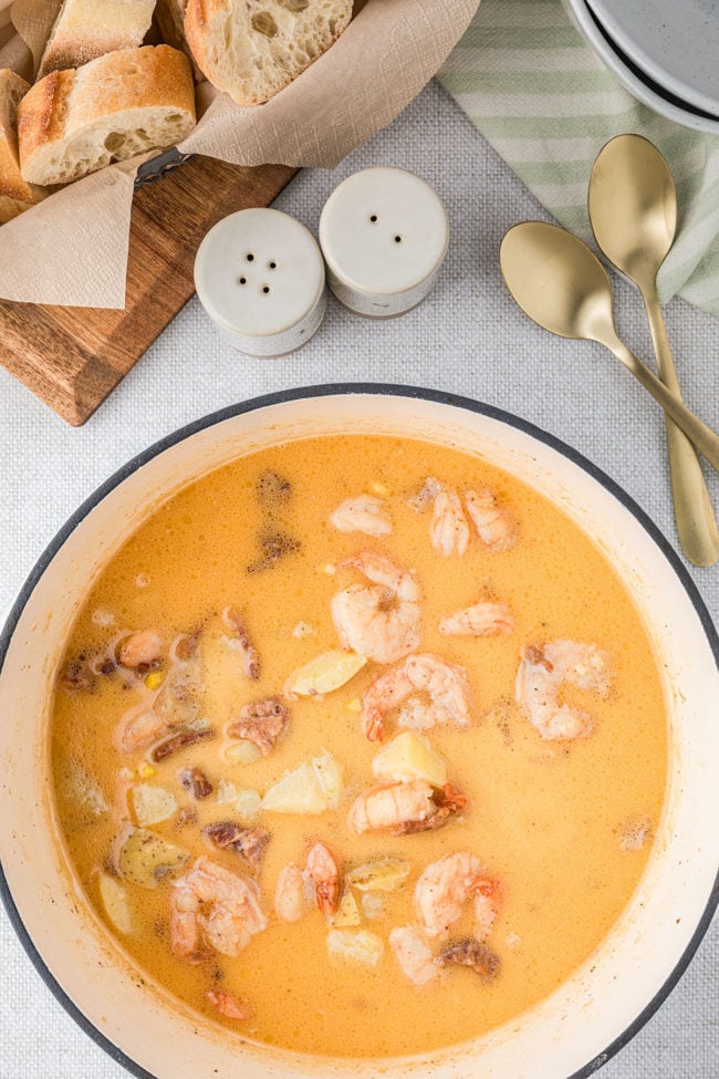 chowder in a Dutch Ovem with shrimp and bacon