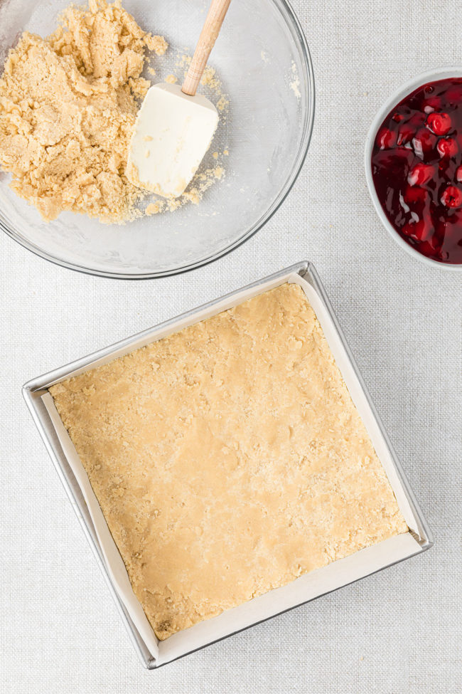 shortbread crust in a square pan