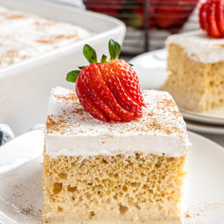 moist tres leches cake with on a white plate