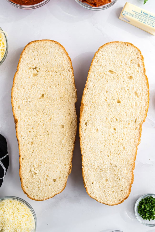 loaf of bread sliced in half length-wise