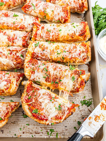 french bread pizza cut into servings