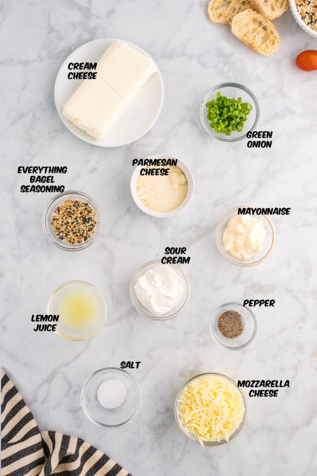 everything bagel dip ingredients on a counter