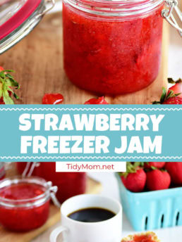 fresh strawberry freezer jam with coffee and biscuits