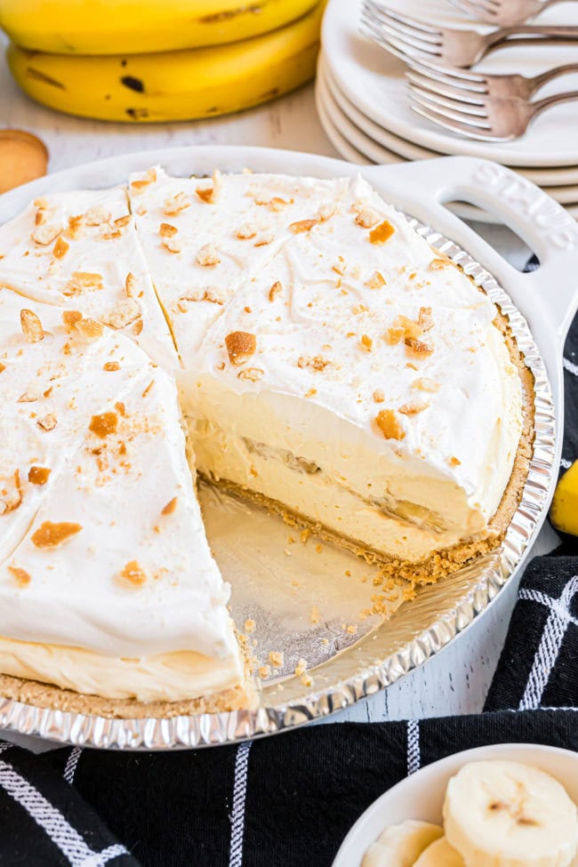 banana pudding pie with a serving removed