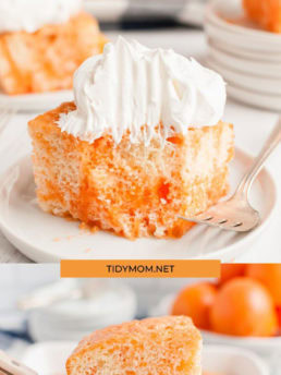 orange creamsicle cake on a white plate with whipped cream on top