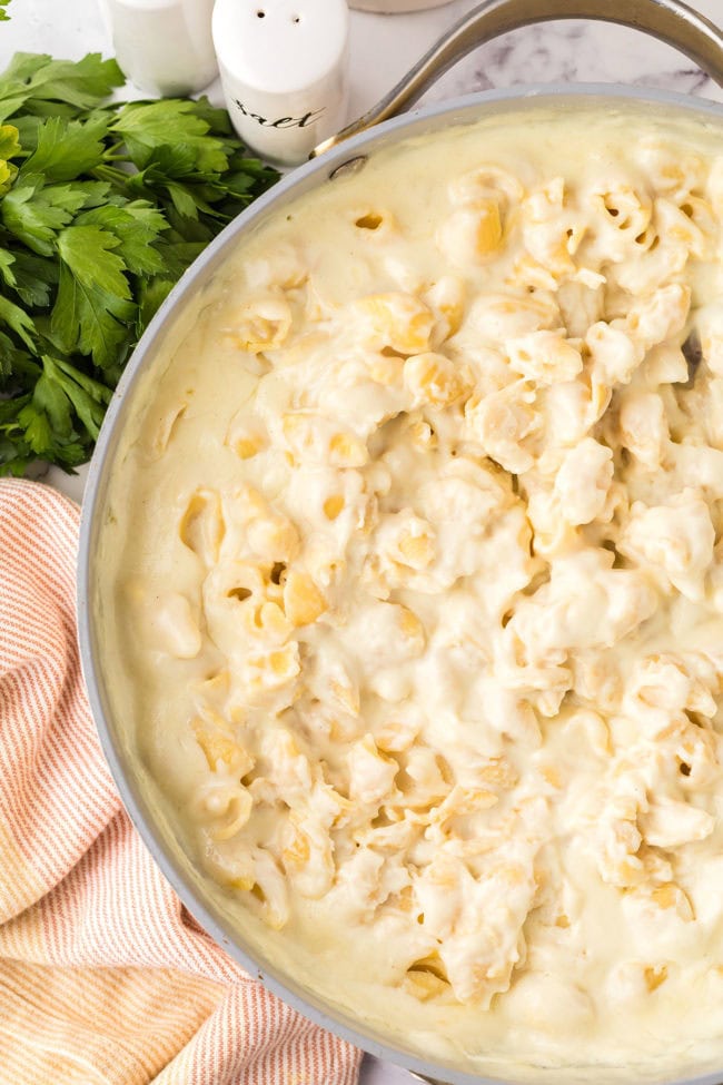 White Cheddar Mac And Cheese in a stainless skillet