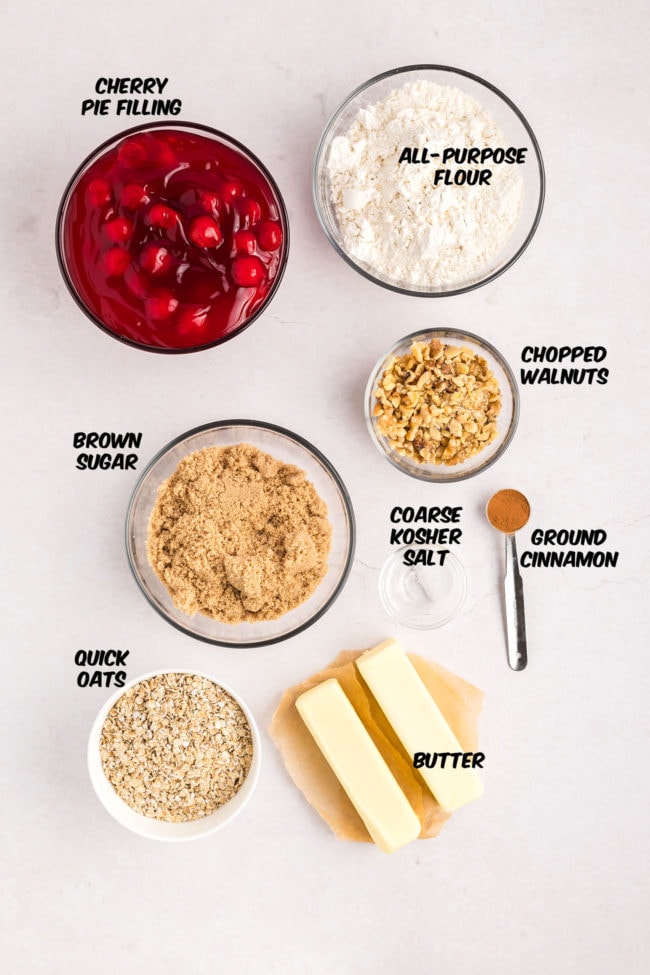 cherry crumble ingredients on a counter