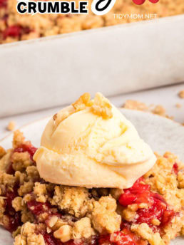 serving of sweet cherry crumble with ice cream