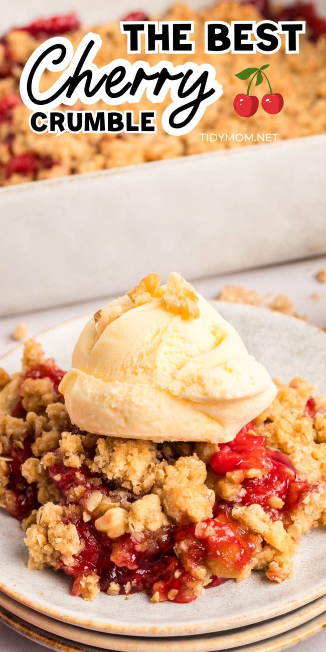 serving of sweet cherry crumble with ice cream