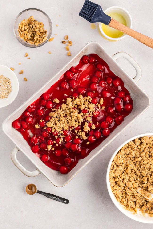 cherry pie filling in a white baking dish