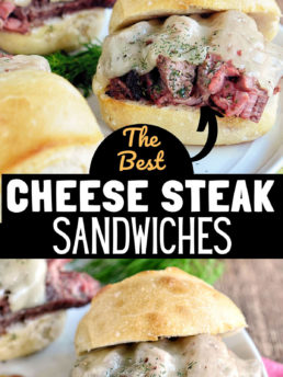 steak sandwiches with cheese on toasted bun collage