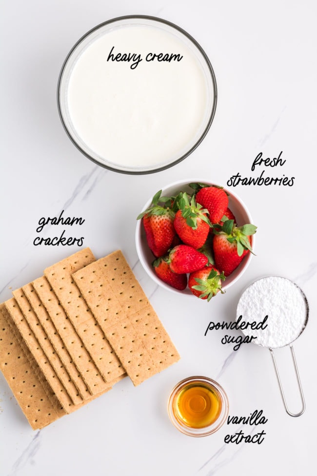 ingredients for strawberry icebox cake on a counter