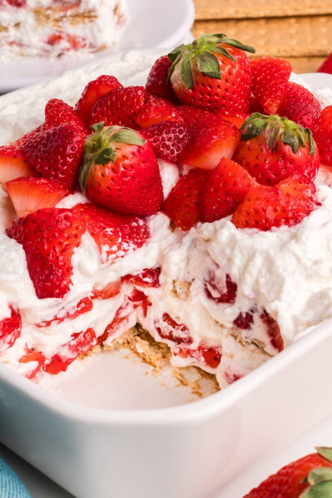 strawberry icebox cake in a white dish