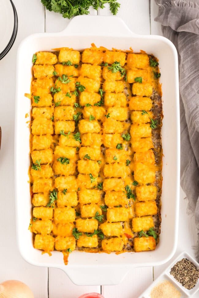 baked tater tots over hamburger casserole