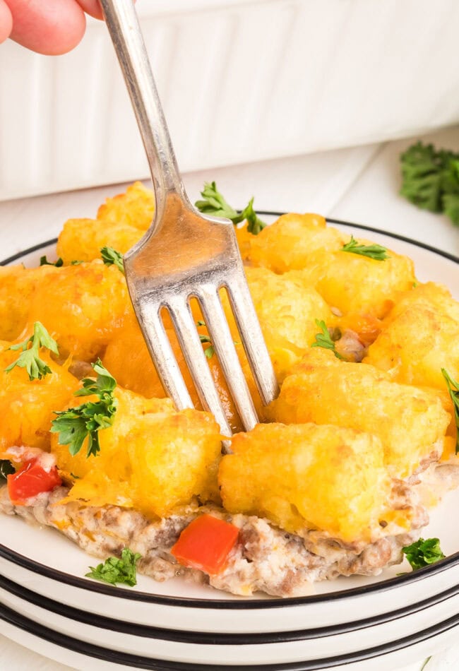 cheesy tater tot casserole with ground beef on a plate with a fork