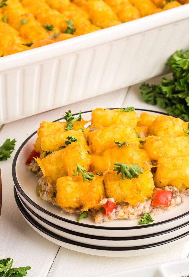 cheesy tater tot casserole with ground beef on a white plate