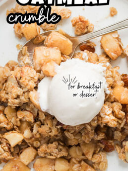 apple oatmeal crumble topped with a scoop of vanilla ice cream