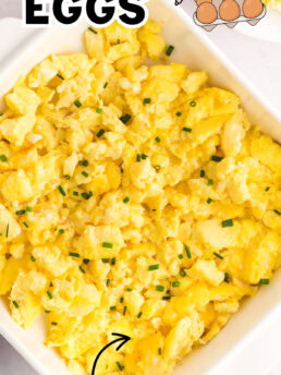 scrambled eggs in a white baking dish