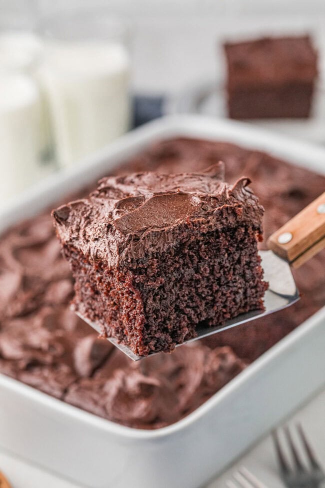 chocolate cake in a pan with a piece on a spatula