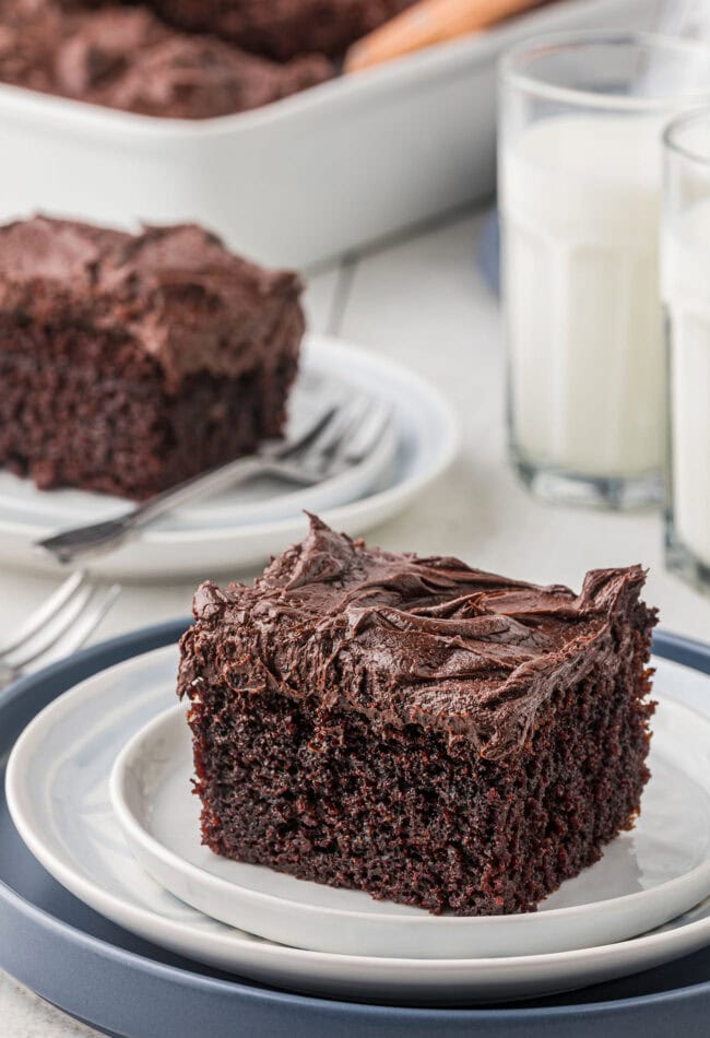 a serving of one-bowl chocolate cake with chocolate frosting