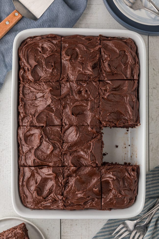 Easy one-bowl chocolate cake in a white pan