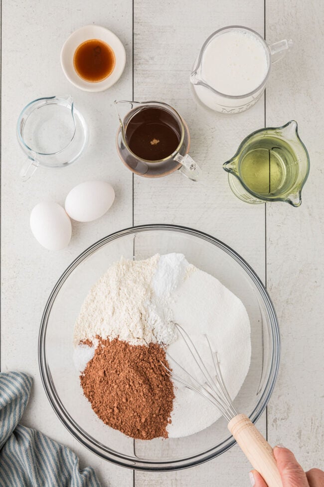 mixing cake ingredients on a counter