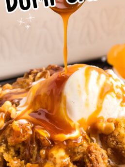 caramel sauce and ice cream on a serving of caramel apple dump cake