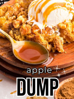 apple dump cake with a spoonful of homemade caramel sauce