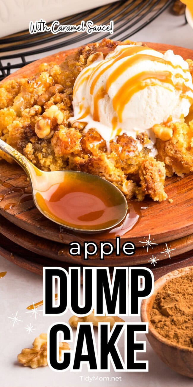 apple dump cake with a spoonful of homemade caramel sauce