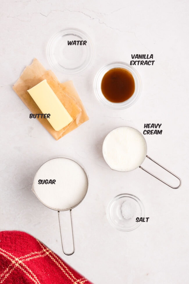 ingredients for homemade caramel sauce on a counter