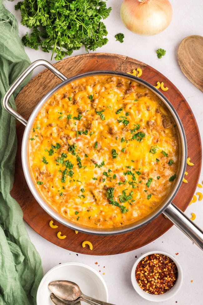 cheesy hamburger casserole just out of the oven