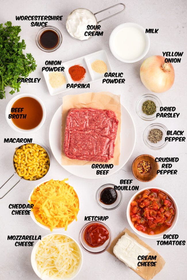 ingredients for cheeseburger casserole on a counter