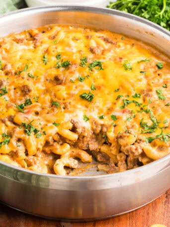 cheeseburger casserole in a pan