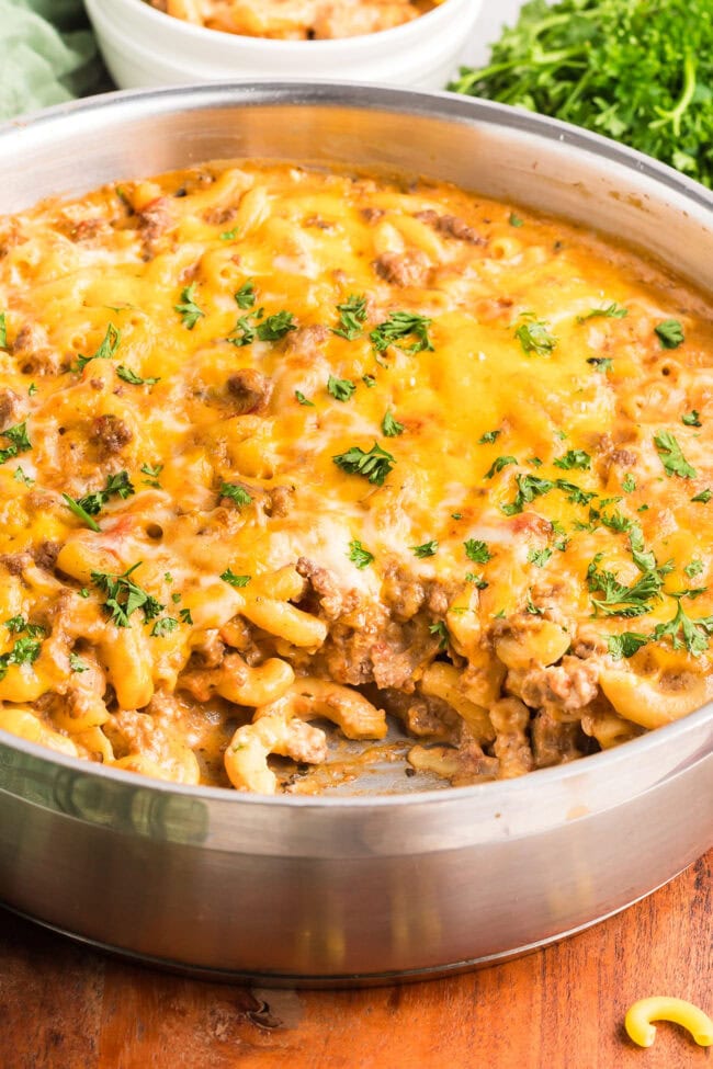 cheeseburger casserole in a pan