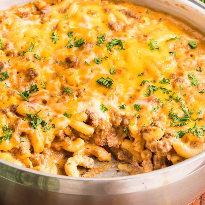 cheeseburger casserole in a pan