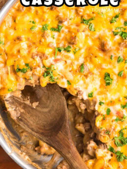 hambuger casserole with cheese in a skillet