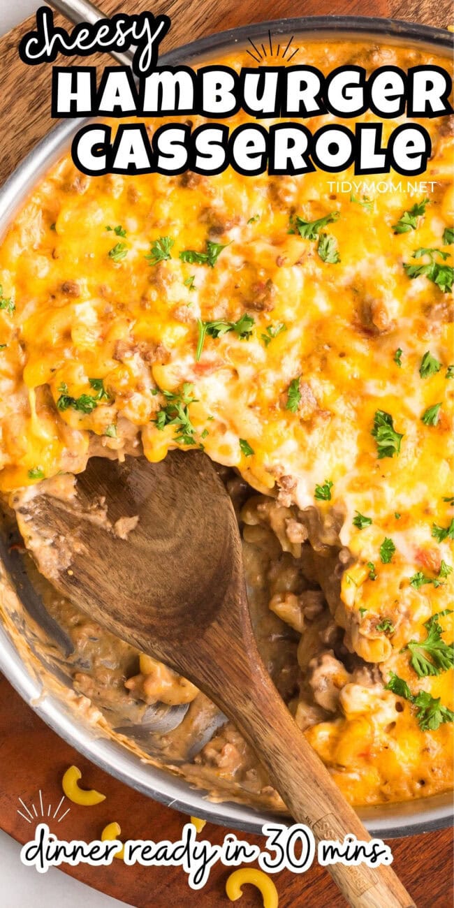 hambuger casserole with cheese in a skillet