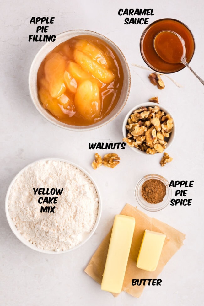 ingredients for caramel apple dump cake on a counter