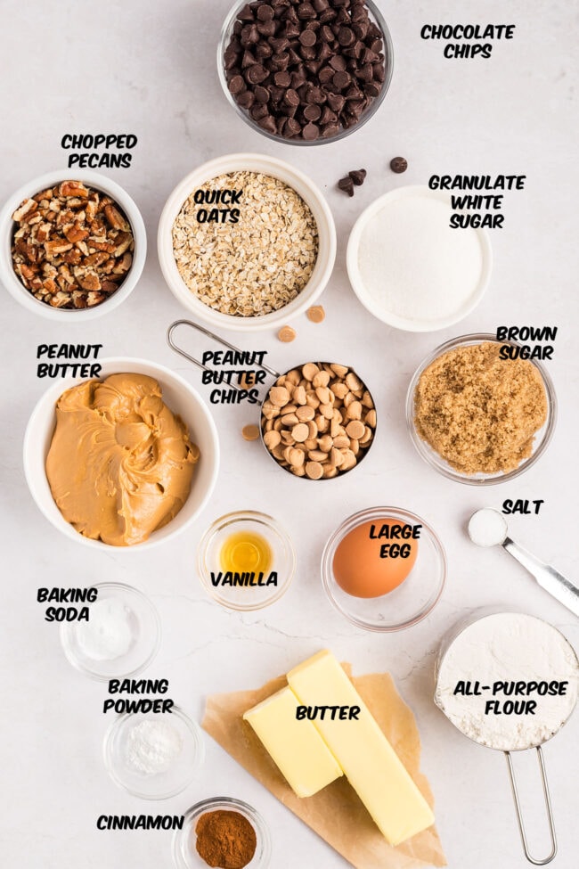 ingredients for Peanut Butter Oatmeal Chocolate Chip Cookies