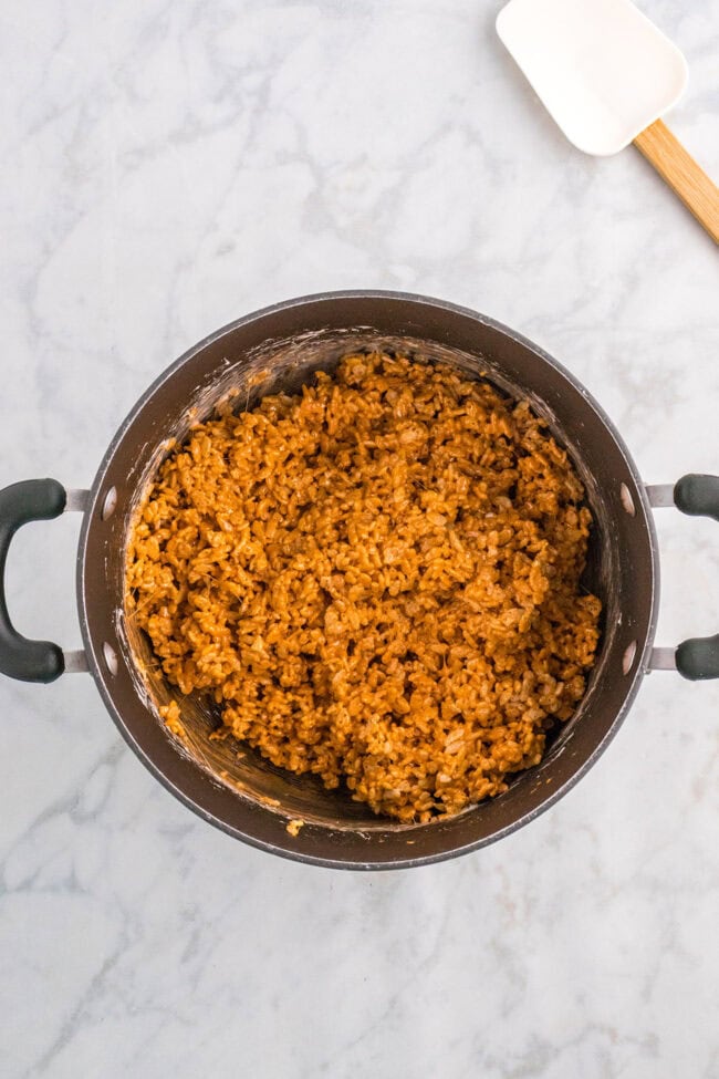 Pumpkin Spice Rice Krispie Treats in a large pot.