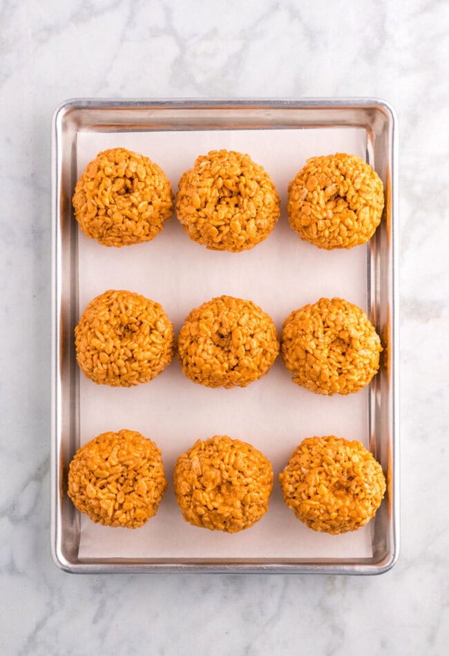 Pumpkin Spice Rice Krispie Treats on a pan