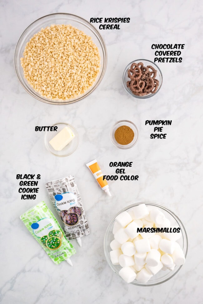 Pumpkin Spice Rice Krispie Treats ingredients on a counter