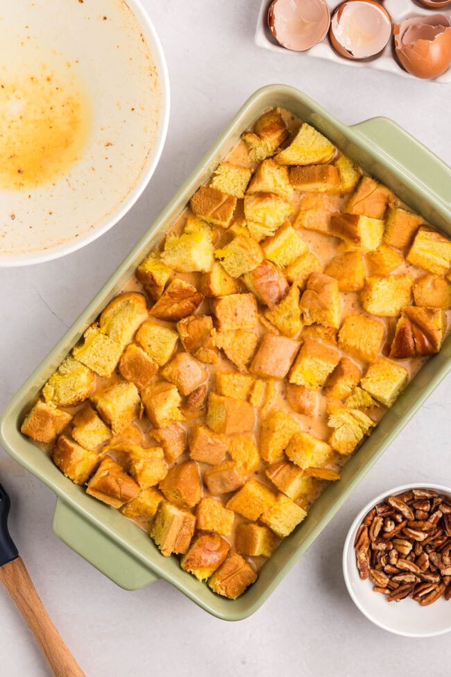 cubes of bread in a casserole dish