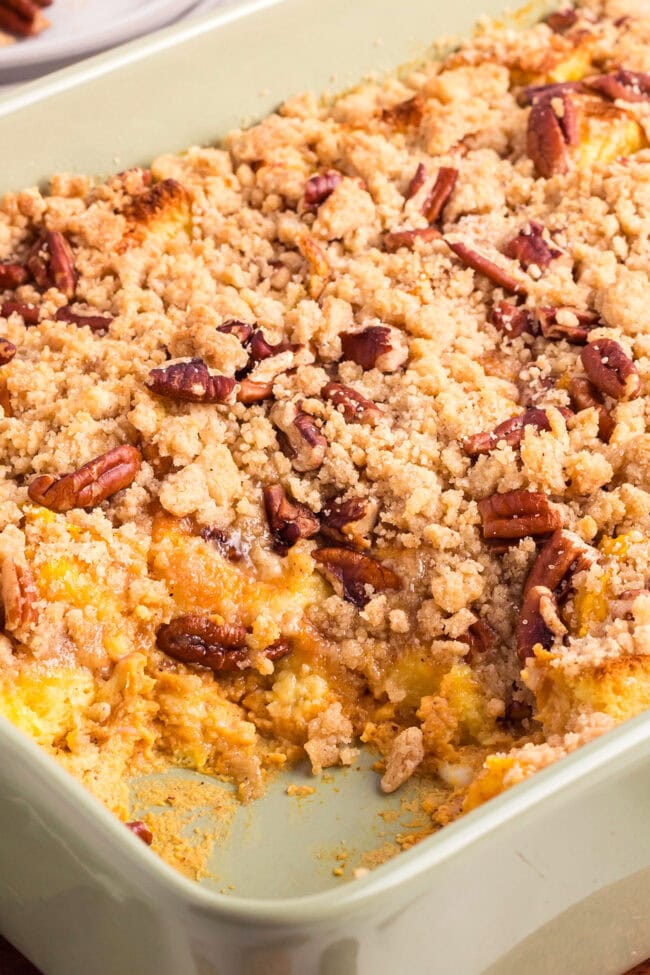 french toast casserole in a green dish