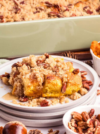 serving of pumpkin french toast casserole with streusel topping